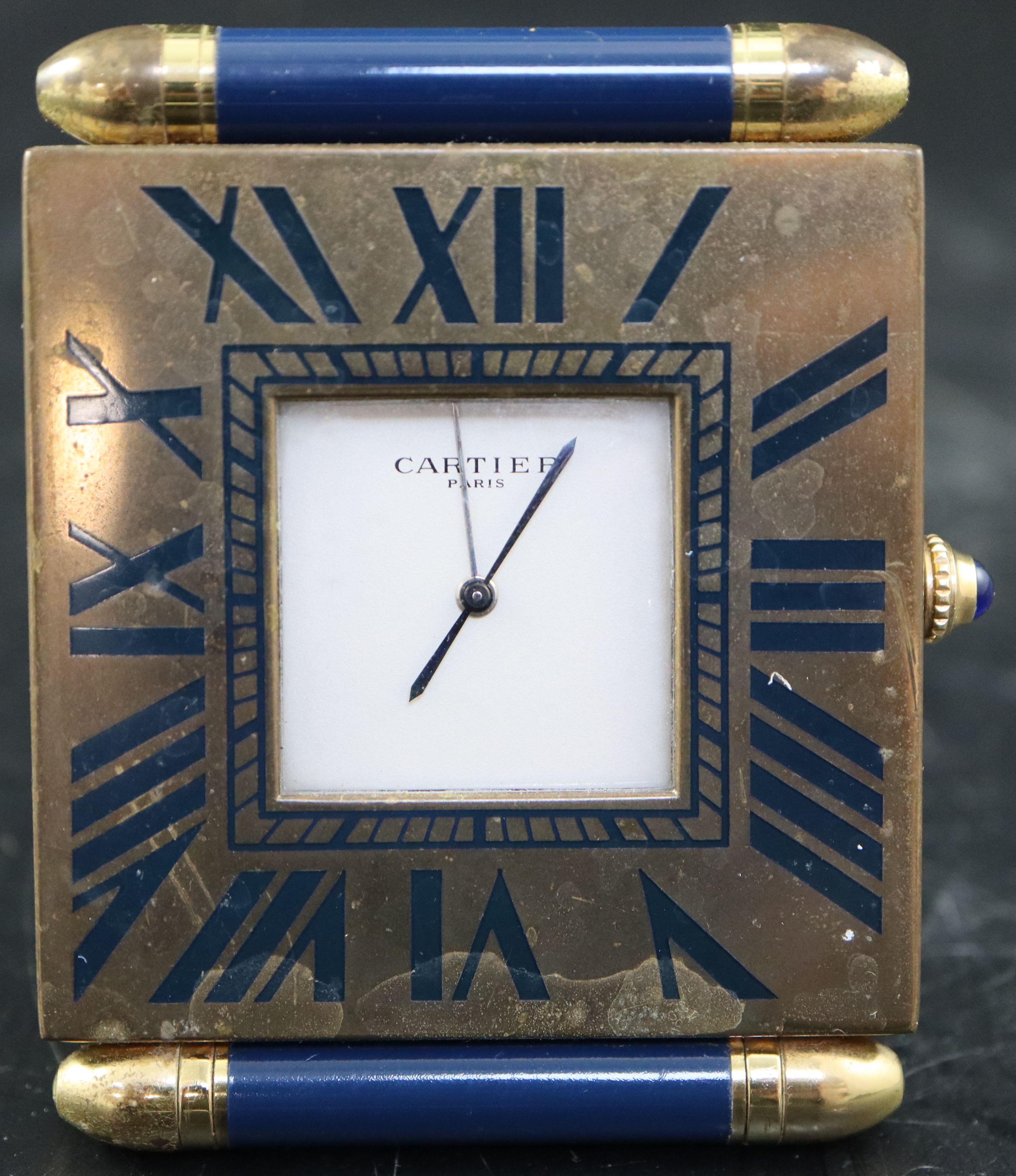 A late 20th century Cartier of Paris blue enamel and gilt brass quartz travelling timepiece, width 5cm height 6.25cm
